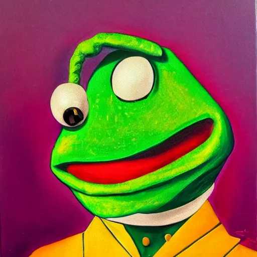 Image similar to portrait of kermit the frog with salvadore dali mustache, expressive oil painting