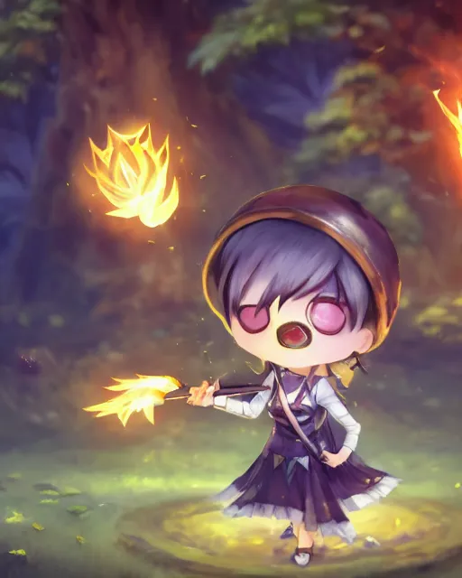 Image similar to oil painting of a cute chibi MapleStory female, casting a spell with a teaspoon, wearing a MapleStory archer outfit, sharp focus, fantasy style, octane render, volumetric lighting, 8k high definition, by greg rutkowski, highly detailed, trending on artstation, magic the gathering artwork, Perion background from MapleStory, centered