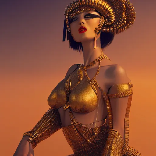 Image similar to giesha demon, innovative avant - garde art, deco fashion, asian women, highly detailed, photorealistic portrait, serene desert setting, golden hour, crisp quality and light reflections, octane render