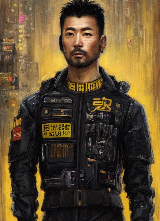 Image similar to hiro tanaka. Handsome cyberpunk USN marine wearing a military vest and a black and yellow tactical jumpsuit (cyberpunk 2077, bladerunner 2049). Handsome face. Iranian orientalist portrait by john william waterhouse and Edwin Longsden Long and Theodore Ralli and Nasreddine Dinet, oil on canvas. Cinematic, hyper realism, realistic proportions, dramatic lighting, high detail 4k