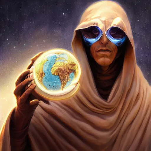 Prompt: masked nomad male wearing a cloak on an alien world and holding a holographic planet projection in his hand, detailed, sci - fi, digital painting, artstation, sharp focus, illustration, ominous, artgerm, tomasz alen kopera, peter mohrbacher, donato giancola, joseph christian leyendecker, wlop, frank frazetta