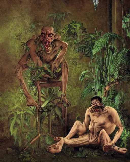 Prompt: dark fleshy figure seated next to another dark angry figure laughing alone inside an empty dark ballroom overgrown with plants in the style of Norman Rockwell and Greg Rutkowski and Francis Bacon