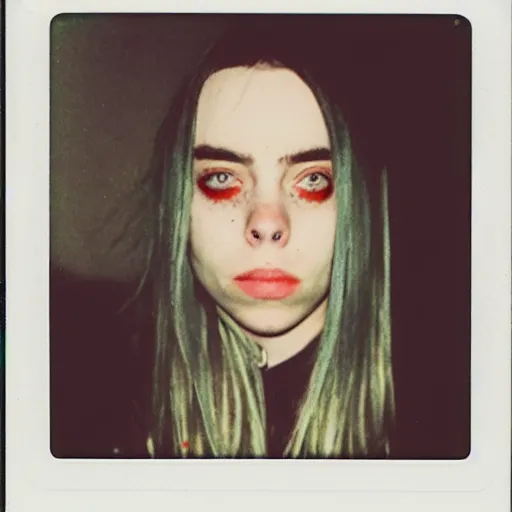 Image similar to A creepy polaroid photo of Billie Eilish chasing you down a hallway