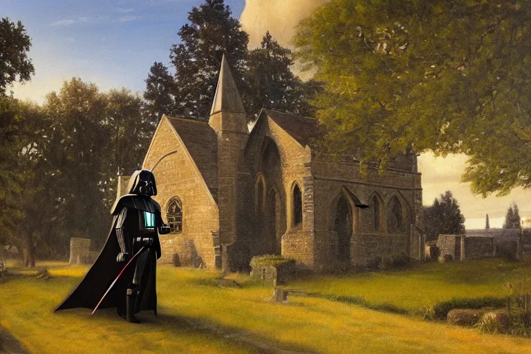 Image similar to a detailed oil painting of darth vader leaving a quaint norman flint church, english, churchyard, trees, golden hour, isometric