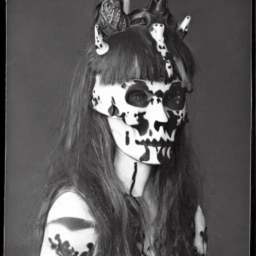 Image similar to a photo of young woman with horse face, gothic style, skulls are lying underneath