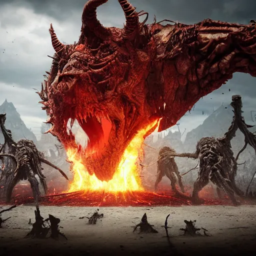 Prompt: extreme long shot of a hell with people suffering, monsters, in full combat, all stand at attention beneath the death presiding over them, 8 k, unreal 5, octane render, majestic, superb, cinematic, dramatic, hyperrealistic, ultra detailed, award winning, breathtaking, groundbreaking, special effects, cgi art, volumetric lighting, photoshopped, intricate digital art