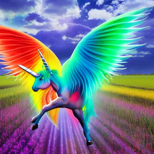 Prompt: a colorful unicorn with wings eating in a field of marijuana, photography, 8 k, highly detailed, ultra realistic, path traced