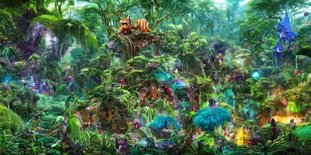 Image similar to extra wide view. a marvelous magic forest jungle inhabited with fantastic creatures. iridescent. annihilation. hyper - detailed. hyperreal. unreal render.