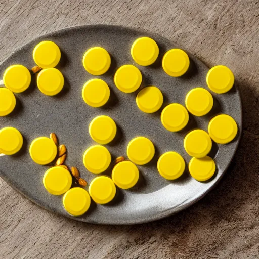 Prompt: yellow pills on a small plate