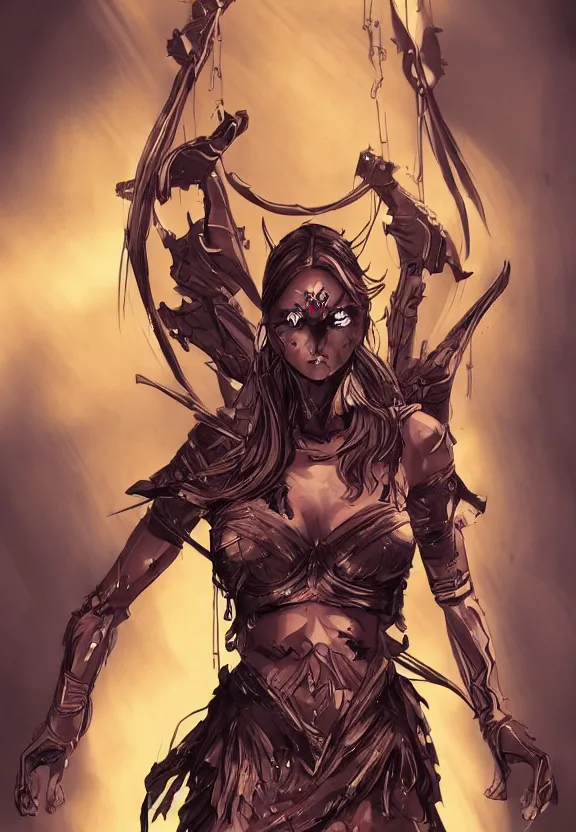 Image similar to mad warrior girl concept art, symmetrical, short dress, glowing eyes, fashion, rule of three, detailed body, full body, detailed face, ultradetailed digital illustration, 8 k, epic atmosphere, digital art by simon cowell and moebius