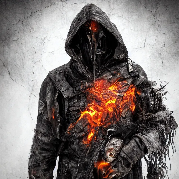 Image similar to gritty apocalyptic hooded man smiling with burning heart in chest, octane render, 4 k ultra hd, hyper - detailed, seedy lighting, sharp focus, fantasy dark art