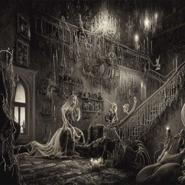 Prompt: New Year's Eve in a Haunted House, spooky party, dream-like sexy atmosphere, surreal , beautiful detailed intricate insanely detailed octane render by Charles Addams, 8K artistic photography, photorealistic, ghosts, balloons, MC Escher, Basil Gogos, Gustave Dore, Beksinski, Rudolph Belarski, Laurie Lipton