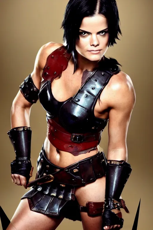 Image similar to realistic photograph. female warrior, 2 7 years old. jaimie alexander. her hair is short, straight, raven - black. fair - complected but tan. tall and gracile, except for her thick ripped vascular buff muscular arms and her ample bust. she wears sleeveless modest practical red & black leather armor with golden highlights that leaves only her muscular arms exposed.