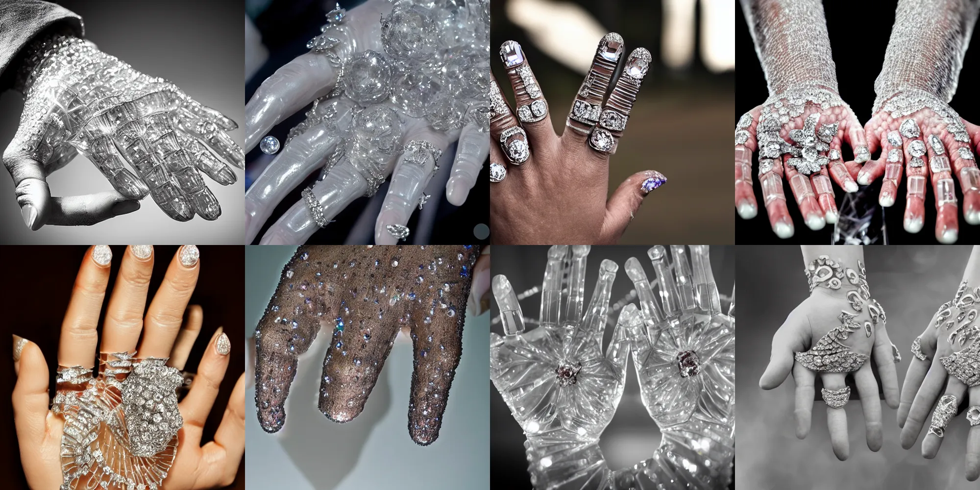 Prompt: hands made out of glass and diamonds, fingers, transparent, highly detail, hdr, light reflections, crystals, dimly lit