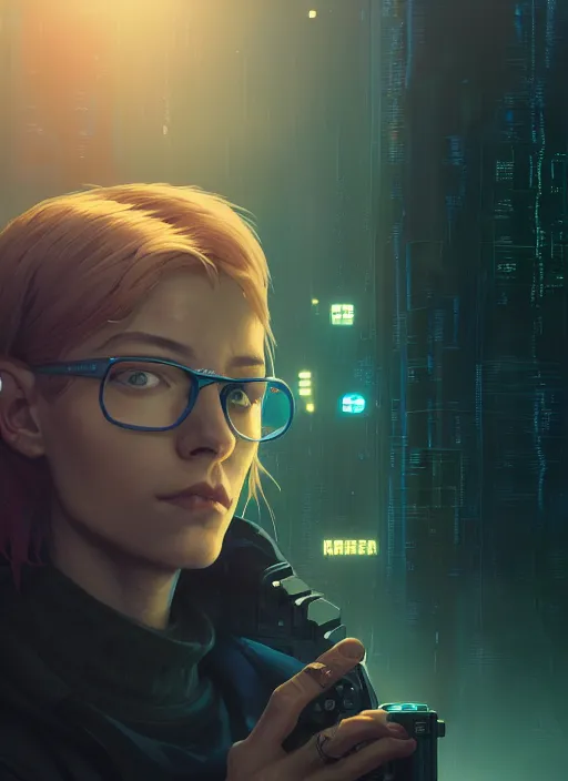 Image similar to highly detailed portrait of a cyberpunk sci - fi hacker, stephen bliss, unreal engine, greg rutkowski, loish, rhads, beeple, makoto shinkai and lois van baarle, ilya kuvshinov, rossdraws, tom bagshaw, alphonse mucha, global illumination, detailed and intricate environment