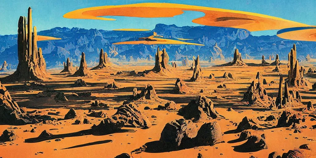 Prompt: incredible desert colony landscape on an alien planet, lush, by Robert McCall