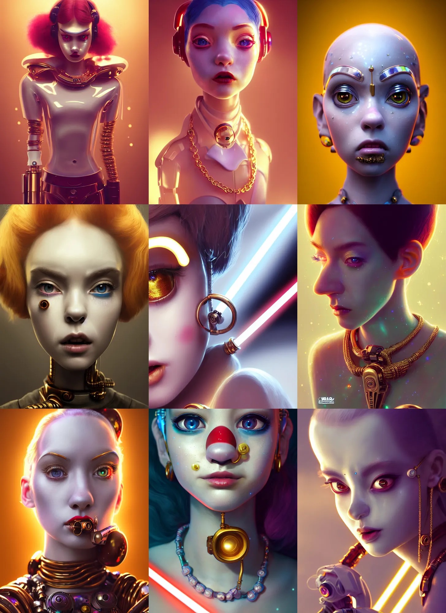 Prompt: pixar 8 k photo, beautiful shiny white porcelain rich grand pearlescent moody edc star wars clowncore cyborg college girl, rapper jewelry, golden ratio, sci fi, fantasy, cyberpunk, intricate, decadent, highly detailed, digital painting, octane render, artstation, concept art, smooth, sharp focus, illustration, art by loish, wlop