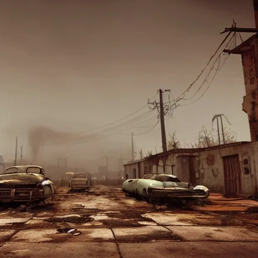 Image similar to wide angle shot of dilapidated fallout 5 in real life, desolate dilapidated town, empty streets, nightmarish, some rusted retro futuristic fallout 4 style parked cars, overcast, blankets of fog pockets, rain, volumetric lighting, beautiful, daytime, autumn, sharp focus, ultra detailed, cgsociety