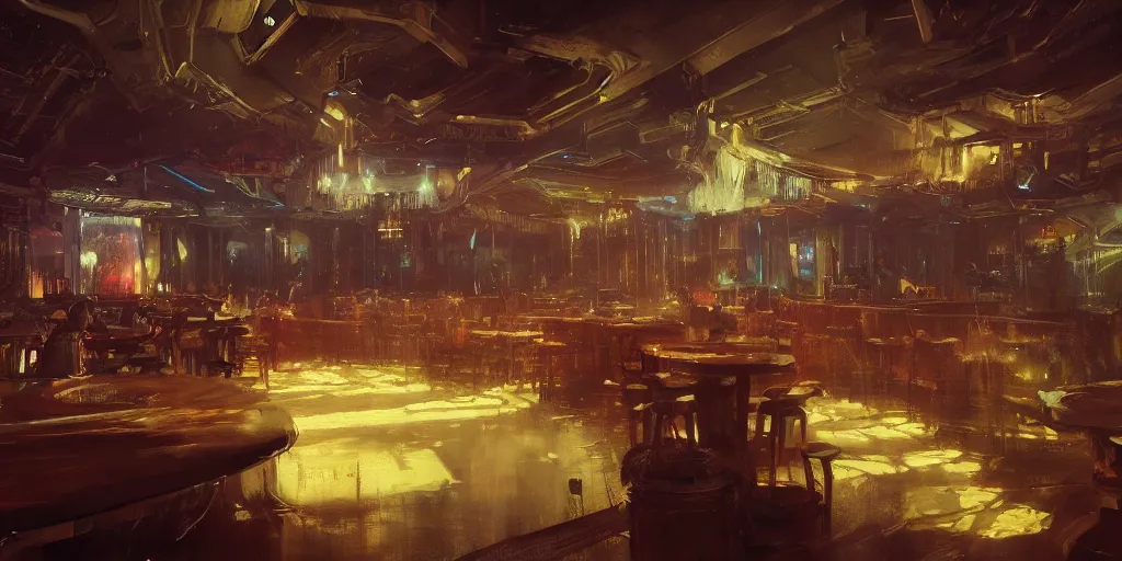 Image similar to Interior of a night club, Greg Rutkowski, Frank Frazetta, character design, trending on Artstation, 8K, ultra wide angle, establishing shot, pincushion lens effect, zenith view