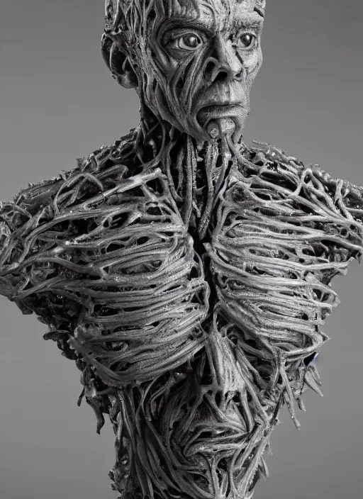 Prompt: a bust sculpture of anatomical detailed ice golem, rowan atkinson, blue blood, become human, ceramic base, orthographic, studio lighting