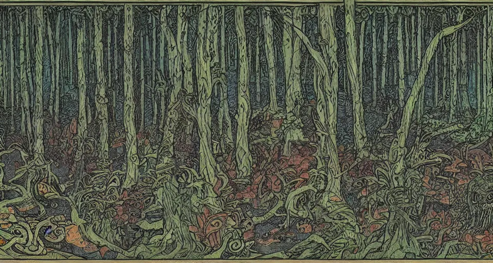 Prompt: A dense and dark enchanted forest with a swamp, by Ivan Bilibin,