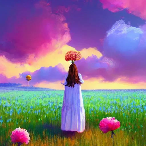 Image similar to girl with a giant carnation head, surreal photography, flower field, sunset dramatic light, impressionist painting, colorful clouds, blue sky, digital painting, artstation, simon stalenhag