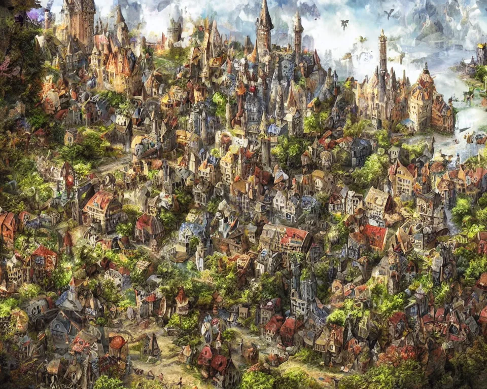 Image similar to medieval fae city, magical, faerie, fanciful