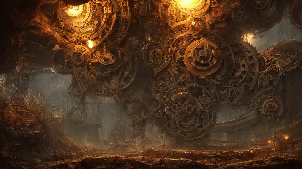 Image similar to clockwork yggdrasil deep underground, steampunk machinery, intricate matte painting, light from cracks in the cave ceiling, roots covered in gears, god rays, cinematic lighting, highly detailed oil painting, epic fantasy art, artstation, masterpiece, 8k