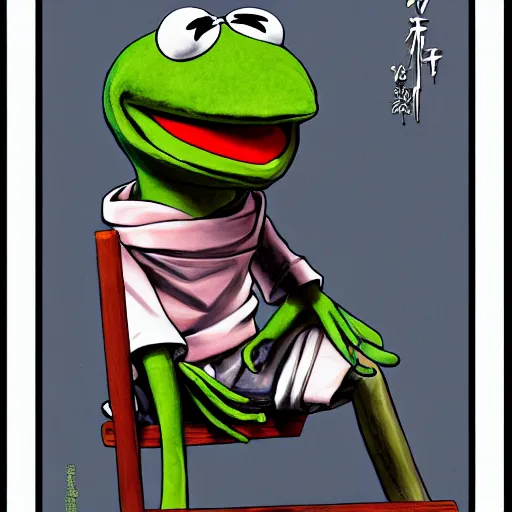 Prompt: Kermit the frog as an anime character, in the style of TV anime afro samurai, sitting near a river, Key Frame, Top rated of pixiv, High Detail, Medium Shot, Studio Bones, Dusk