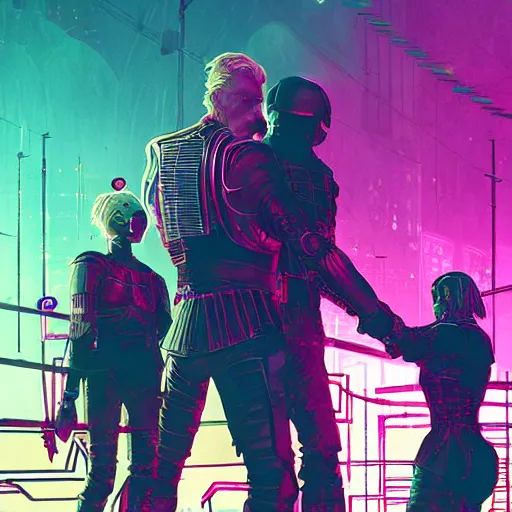 Image similar to jaime lannister and brienne of tarth fighting against a horde of neon zombies, cyberpunk art by james gilleard, cgsociety, retrofuturism, synthwave, retrowave, outrun