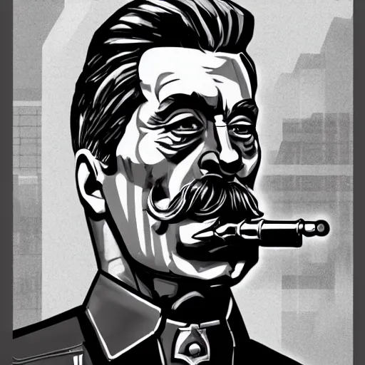 Image similar to cyberpunk joseph stalin smoking a pipe as the leader of a futuristic communist society, cybernetics, sharp lines, digital, artstation, colored in