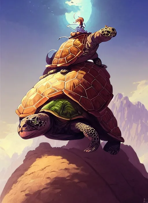 Image similar to character portrait of The tallest mountain topped by a cat riding a gigantic turtle, with another cat riding a large turtle atop the mountain. By Greg Rutkowski. cute beautiful attractive detailed. Character design by charlie bowater, ross tran, artgerm, and makoto shinkai, detailed, inked, western comic book art