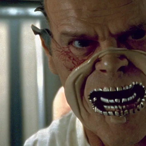 Image similar to Jack Nicholson starring as Hannibal Lecter in The Silence of the Lambs, wearing mask, cinematic frame