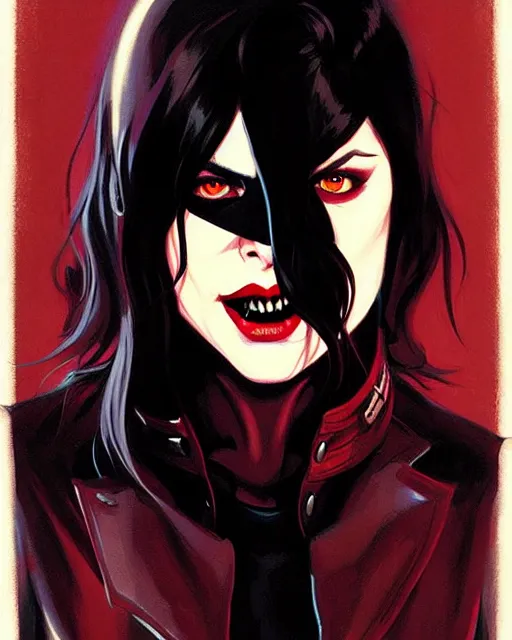 Image similar to rafael albuquerque comic art, peter mohrbacher, phil noto, steve niles, artgerm, pretty willa holland vampire sharp vampire teeth open mouth, symmetrical eyes, black leather jacket, jeans, long black hair