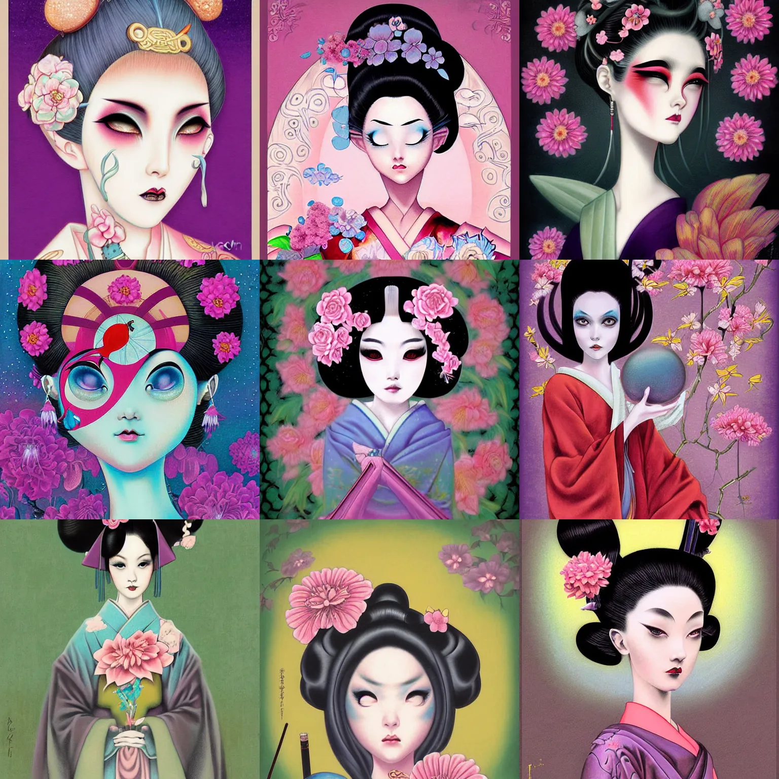 Prompt: digital painting of a pastel goth geisha by terese nielsen, mark ryden in the style of, vintage shoujo, fantastic planet, 6 0 s poster art, minimalist poster art, flowers, artgerm