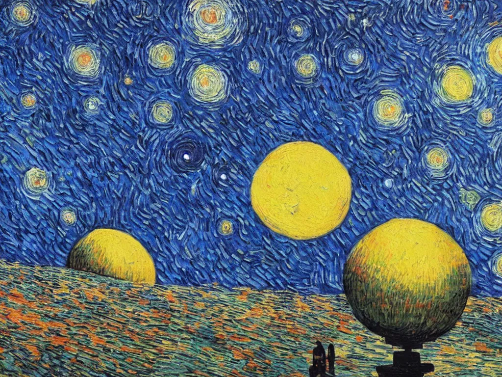 Prompt: bright beautiful oil painting of the death star aims its weapon at planet earth, light scatter, van gogh