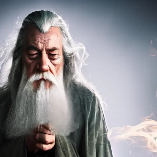 Prompt: gandalf eyes closed surrounded by smoke