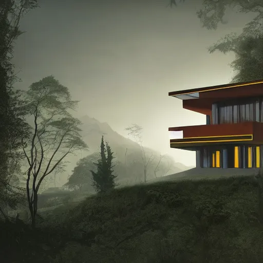 Image similar to modernist house inspired by a tibetan palace between big trees, yellow clouds, dramatic lighting, artstation, matte painting, raphael lacoste, simon stalenhag, frank lloyd wright, zaha hadid