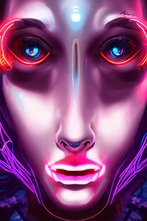 Image similar to portrait of a trippy cyborg girl with biotechnical parts and neon light by Artgerm, digital painting, highly detailed, trending on artstation