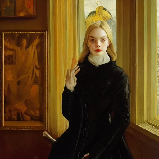 Image similar to Elle Fanning in a black coat, religious masterpiece portrait, oil on canvas, dark stormy night, fire lighting, rainy window, in the world of Andrew Wyeth and Bloodborne, artstation, by J. C. Leyendecker and Peter Paul Rubens,