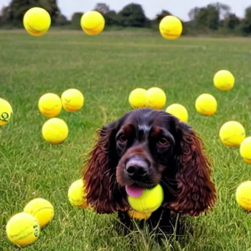 Prompt: a photo of an english cocker spaniel in a field with millions of yellow tennis balls