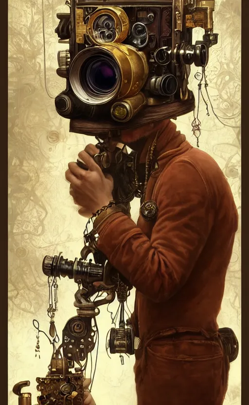 Image similar to hyper realistic male photographer looking through a vintage steampunk medium format camera, design on white background, beautiful details, lush foliage cyberpunk, gold, drawn by john singer sargent, tom bagshaw, norman rockwell, alphonso mucha, lolish, trending on artstation