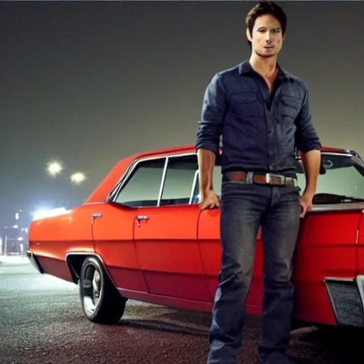 Image similar to Ian Somerhalder as Dean Winchester in Supernatural, leaning against a 1967 chevrolet impala at night