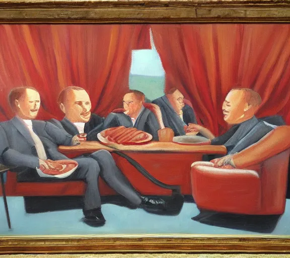 Image similar to oil painting of couch made out of meat, business men sitting and talking,