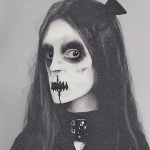 Prompt: a photo of young woman with horse face, gothic style, skulls are lying underneath