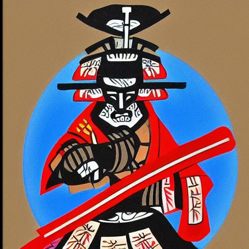 Image similar to highly stylized samurai holding a katana,striking colors