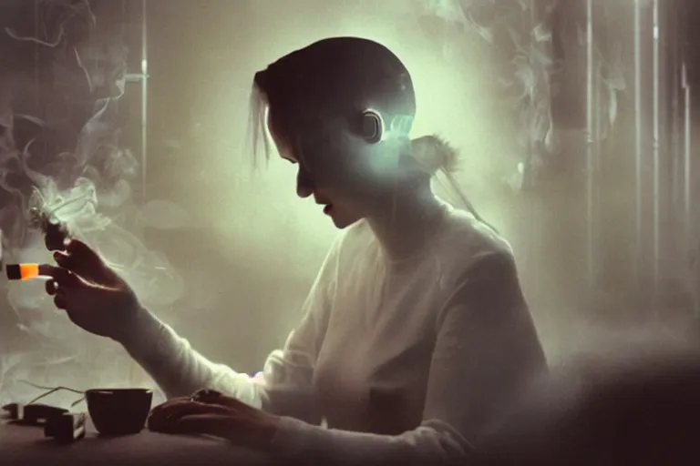 Prompt: an artificial intelligence smoking a cigarette behind a computer screen, beautiful lighting, high depth, ultra realistic, artistic, by annie leibovitz and the matrix