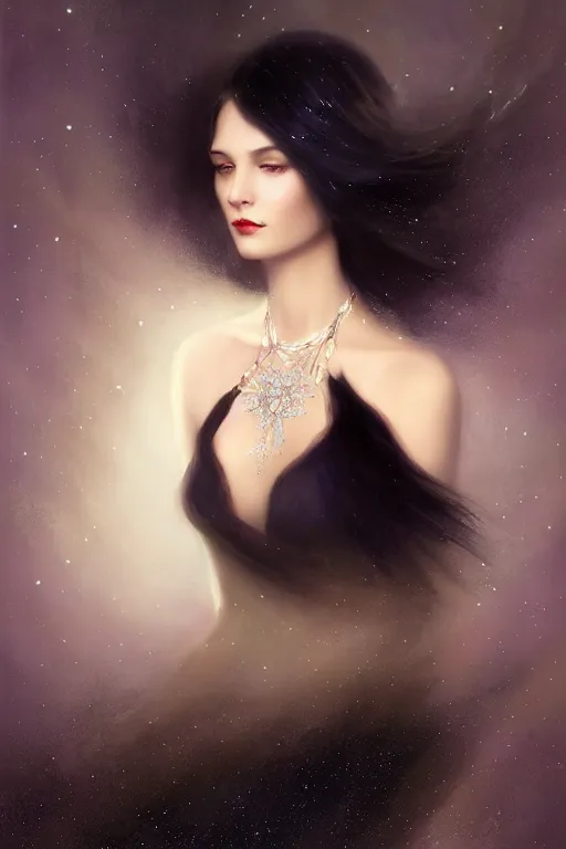 Prompt: Nocturne, glowing, stars, a long-legged elegant sultry woman, long ombre hair, pearl choker, highly detailed, mysterious, ethereal, dressed in black velvet, haute couture, illustration, dramatic lighting, soft details, painting, by Edmund Blair Leighton, Brom, Charlie Bowater, trending on artstation, faces by otto schmidt