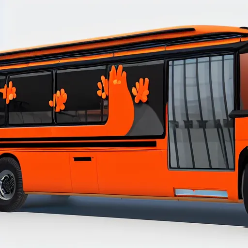 Prompt: a bus covered by orange and black striped soft fur, with 10 paws instead of wheels and a huge smiling cat face on the front and a furry cat tail at the back. Trending by artstation, rendered in unreal engine 5, anime style.