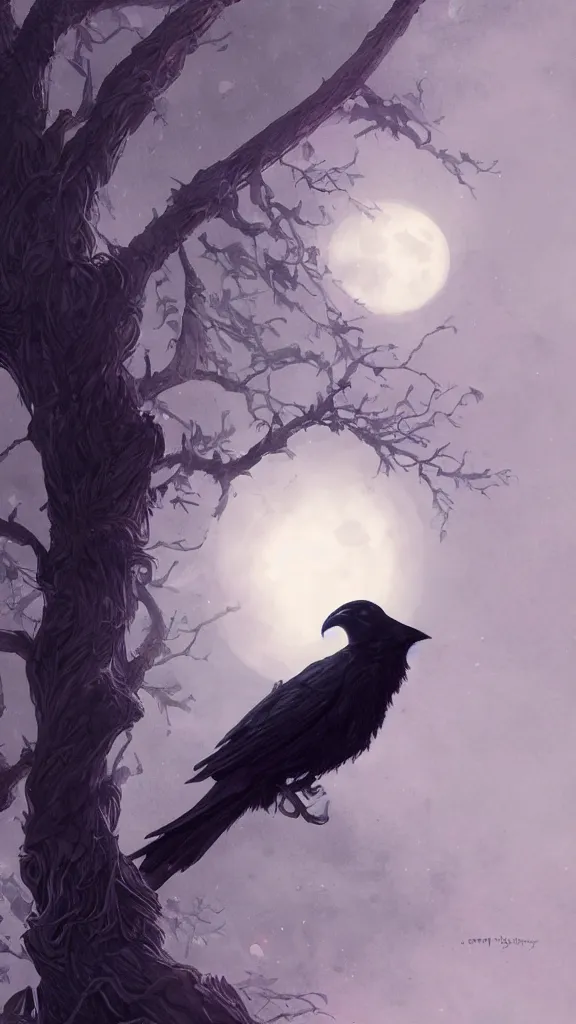 Image similar to crow on tree in front of the full big moon, highly detailed, digital painting, artstation, concept art, smooth, sharp focus, illustration, Unreal Engine 5, 8K, art by artgerm and greg rutkowski and alphonse mucha